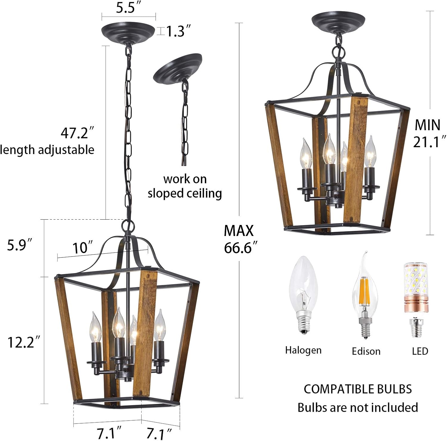 Wood Chandelier Light Fixture, 4-Light Farmhouse Chandelier with Matte Black Finish, Rustic Pendant Lighting for Kitchen Island, Foyer and Dining Room