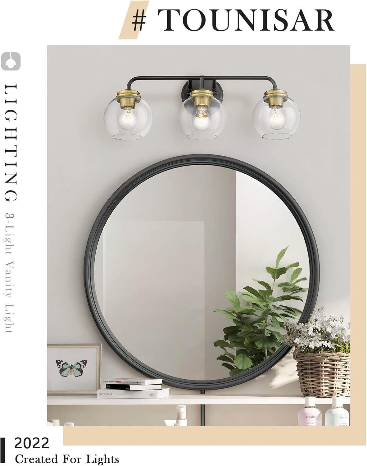 TOUNISAR 3-Light Bathroom Vanity Light - Modern Bathroom Lights Fixtures with Clear Glass, Farmhouse Metal Vanity Lights in Matte Black and Brushed Brass Finish for Bathroom, V9023-3 BK+BR