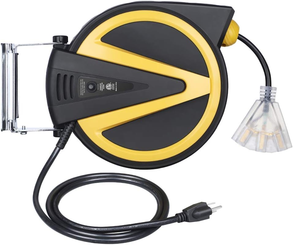 DEWENWILS Retractable Cord Reel, New Slow Auto Return Technology, 50FT-Heavy Duty Electric Cord Reel, 14/3AWG SJTW, Lighted Triple Tap Outlets, 13 Amp Circuit Breaker, Ceiling/Wall Mount, ETL Listed