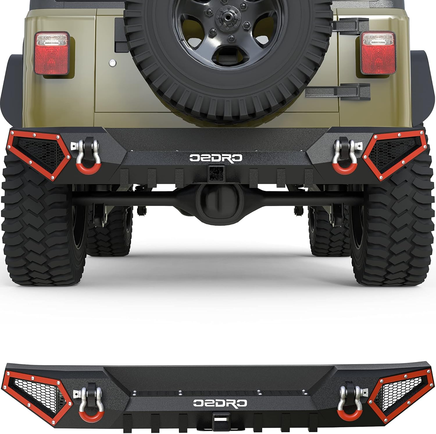 OEDRO Off Road Rear Bumper Combo Compatible with 1987-2006 Jeep Wrangler TJ & YJ & LJ, Full Width Back Bumper with Hitch Receiver & 2 x D-Rings, Textured Black