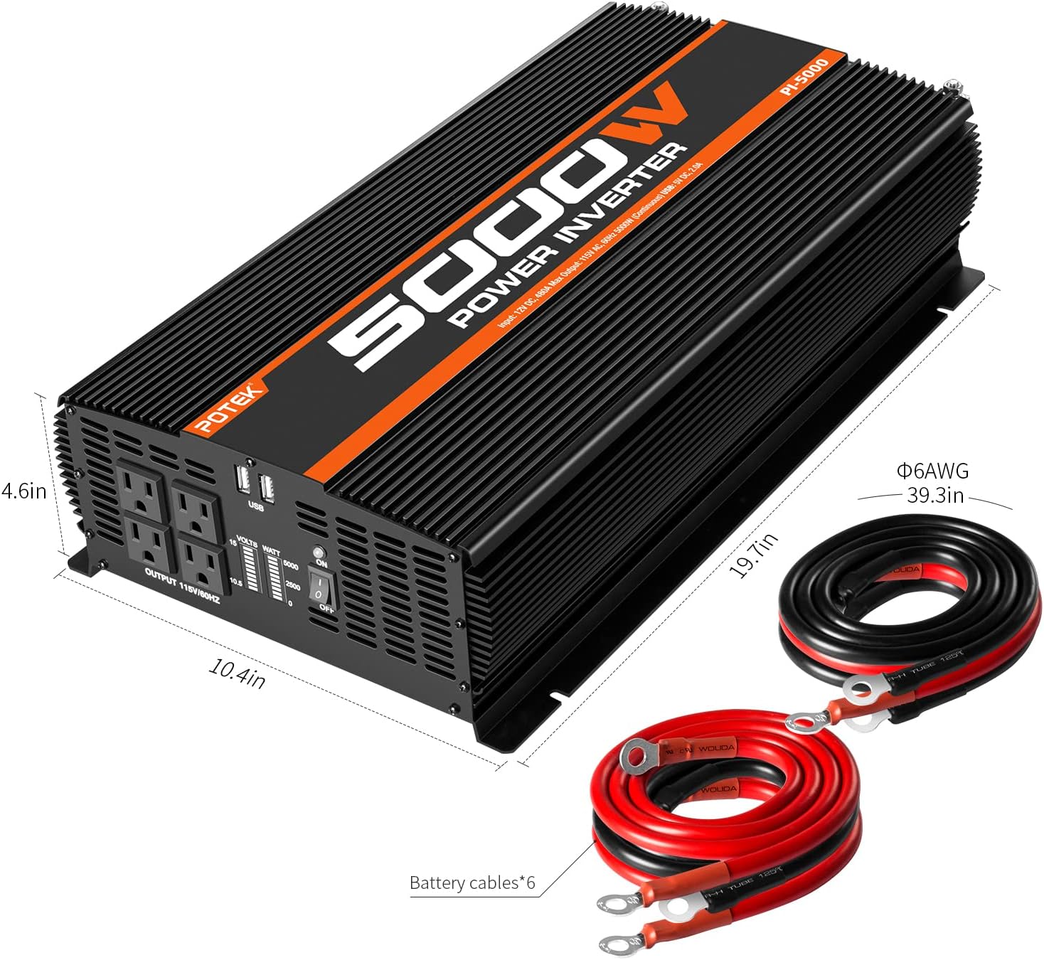POTEK 5000W Power Inverter 4 AC Outlets 12V DC to 110V AC Car Inverter with 2 USB Ports