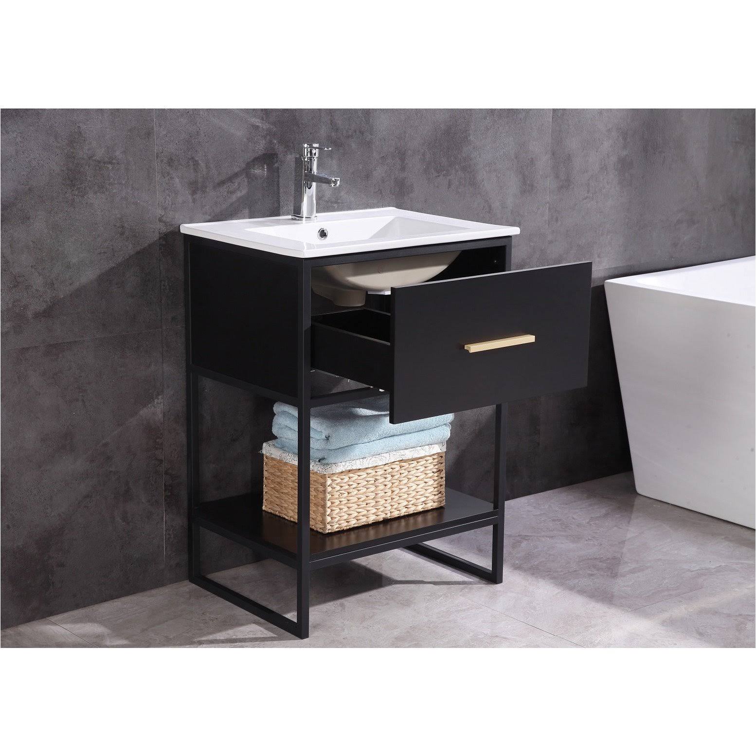 Legion Furniture WH7024-BB-PVC 24 inch Black Finish Sink Vanity with Black Metal Frame