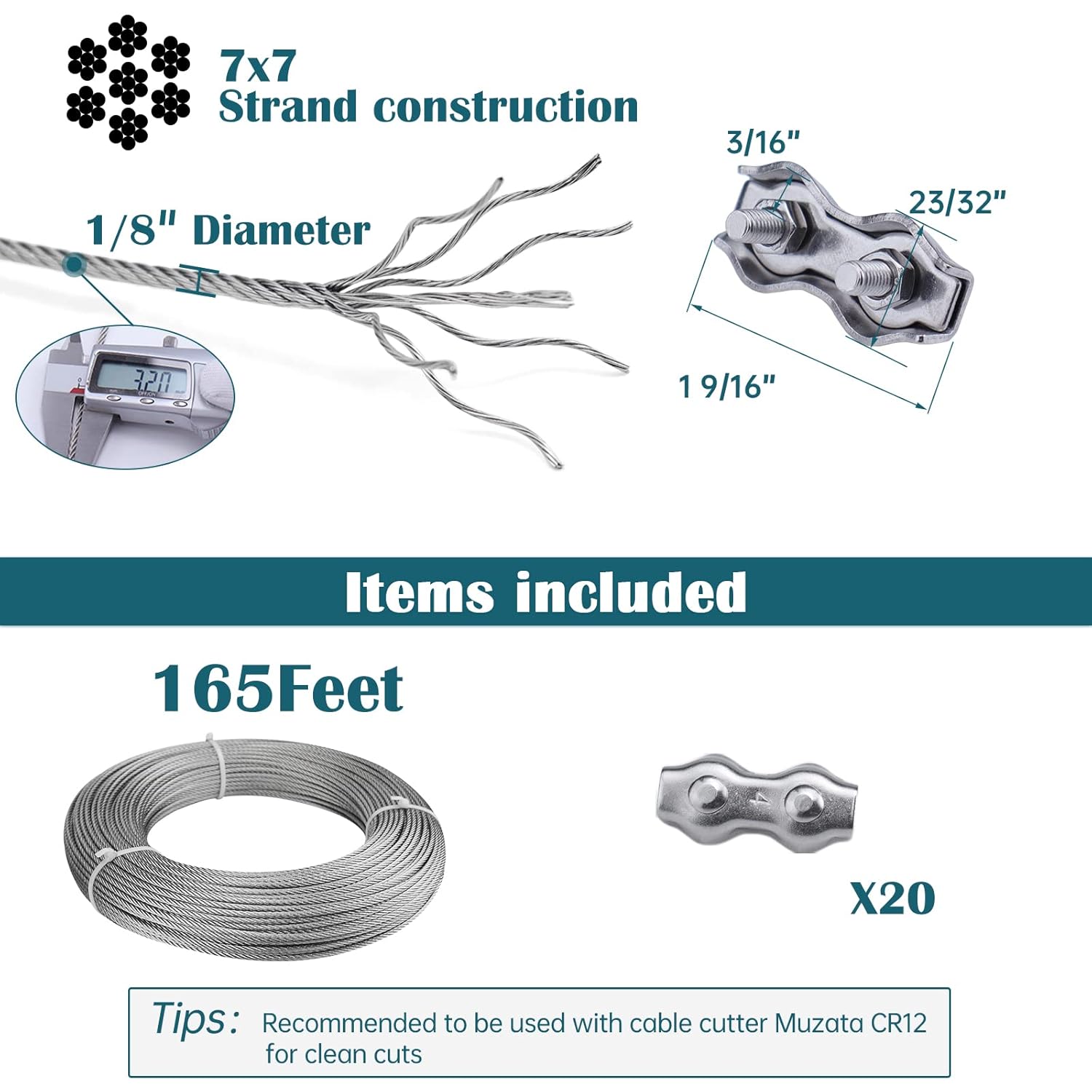 Muzata 165Feet 1/8inch Stainless Steel Wire Rope Aircraft Cable Railing Decking 7x7 Strand Indoor Outdoor DIY Balustrade String WR01 with 20Pack Locking,WP1