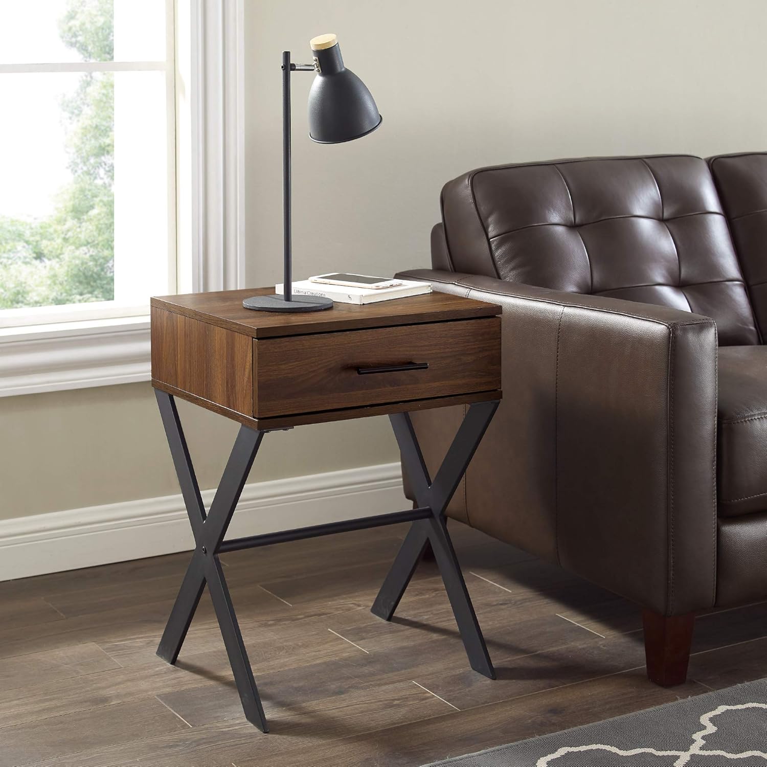 Walker Edison Modern Metal and Wood 1 Drawer X Leg Side Table Living Room Small End Accent Table, 18 Inch, Grey Wash