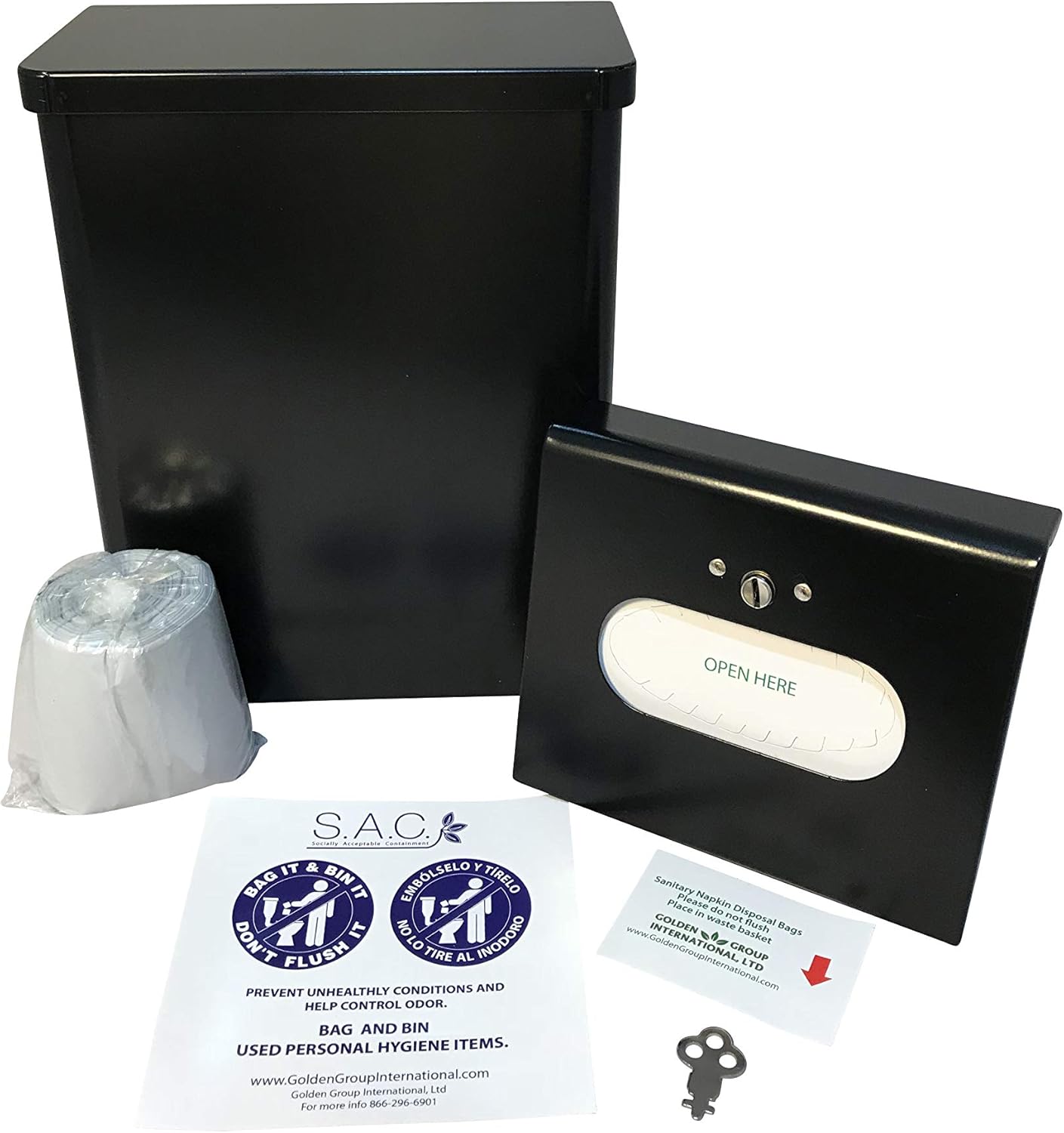 Sanitary Napkin Receptacle, Surface Mounted, with Liners, Courtesy Disposal Bags and Dispenser, Steel (Black) Total Solution