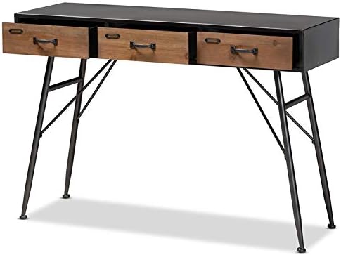 BOWERY HILL Black and Oak Finished Wood 3-Drawer Metal Console Table