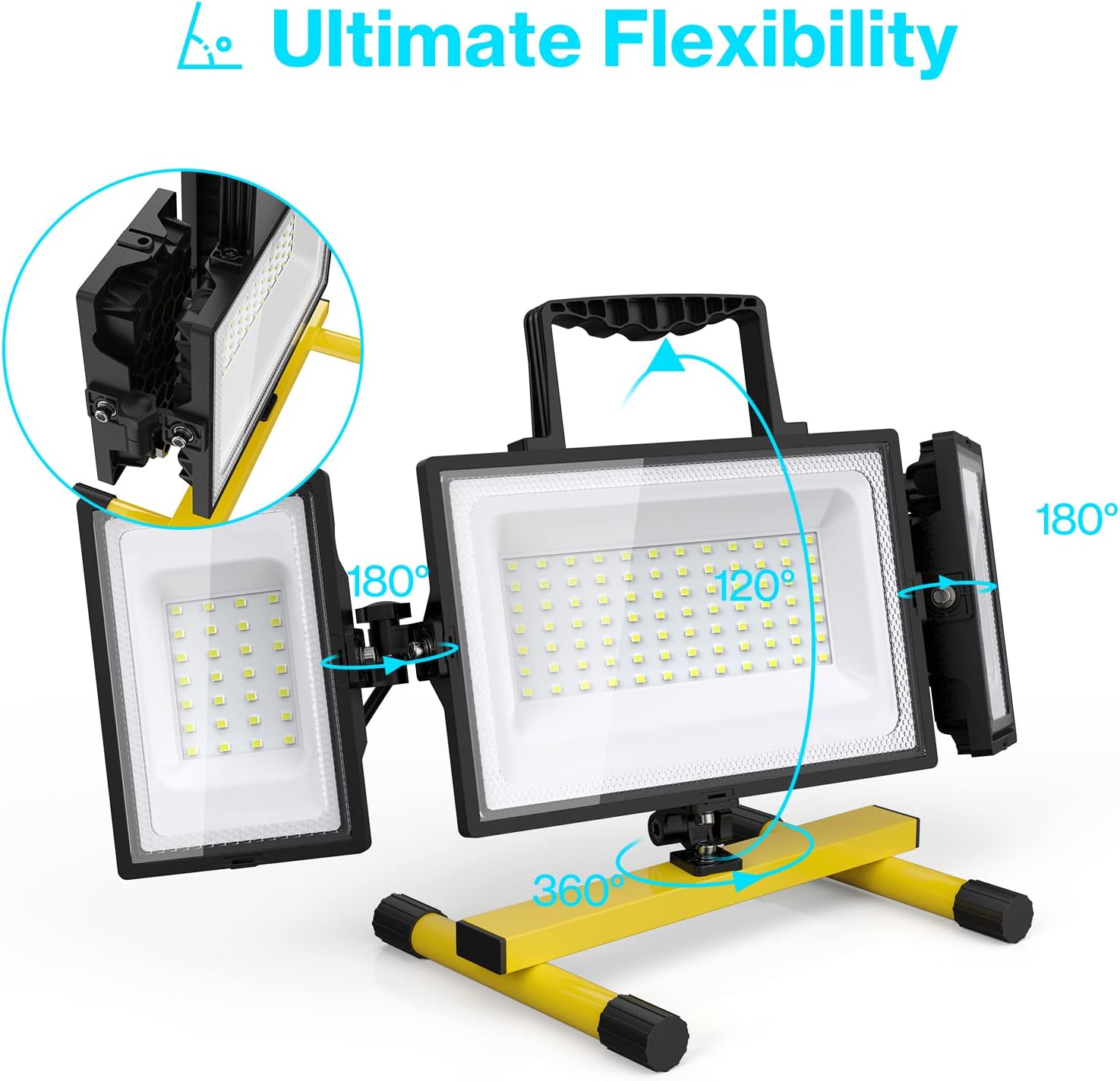 Olafus 80W LED Work Light Triple Adjustable Heads, 6700LM Rotating Lighting, IP65 Waterproof Job Site Lighting with Stand for Construction Site Jetty Garage 6500K Daylight White, 16.4 Feet Power Cord Pack of 2