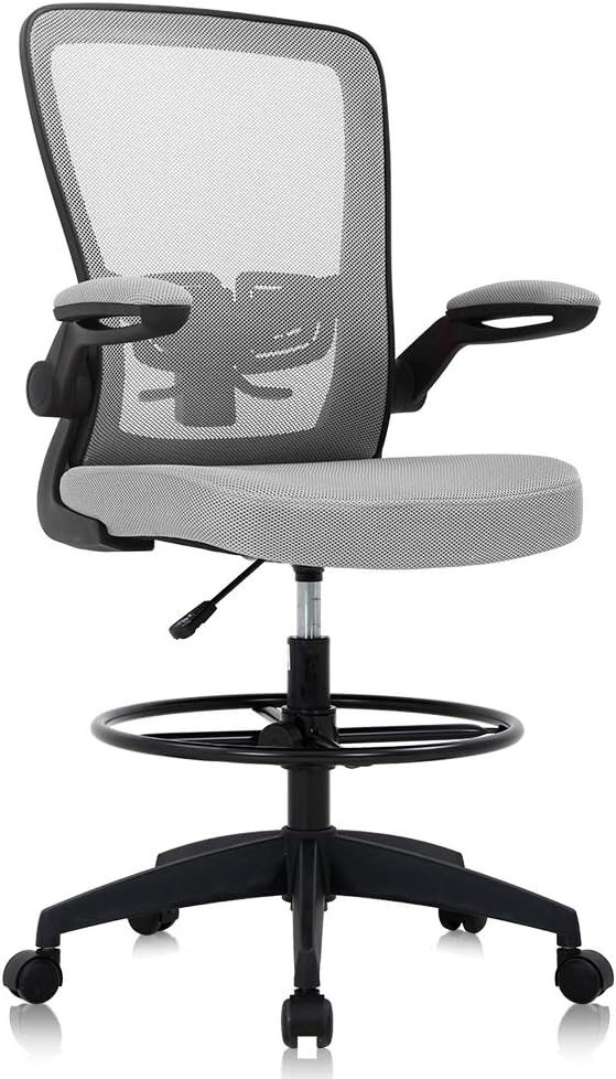Drafting Chair Tall Office Chair Ergonomic Computer Desk Mid Back Mesh Chair with Lumbar Support & Foot Ring Height Adjustable Rolling Swivel Drafting Stool Task Executive Chair for Standing Desk