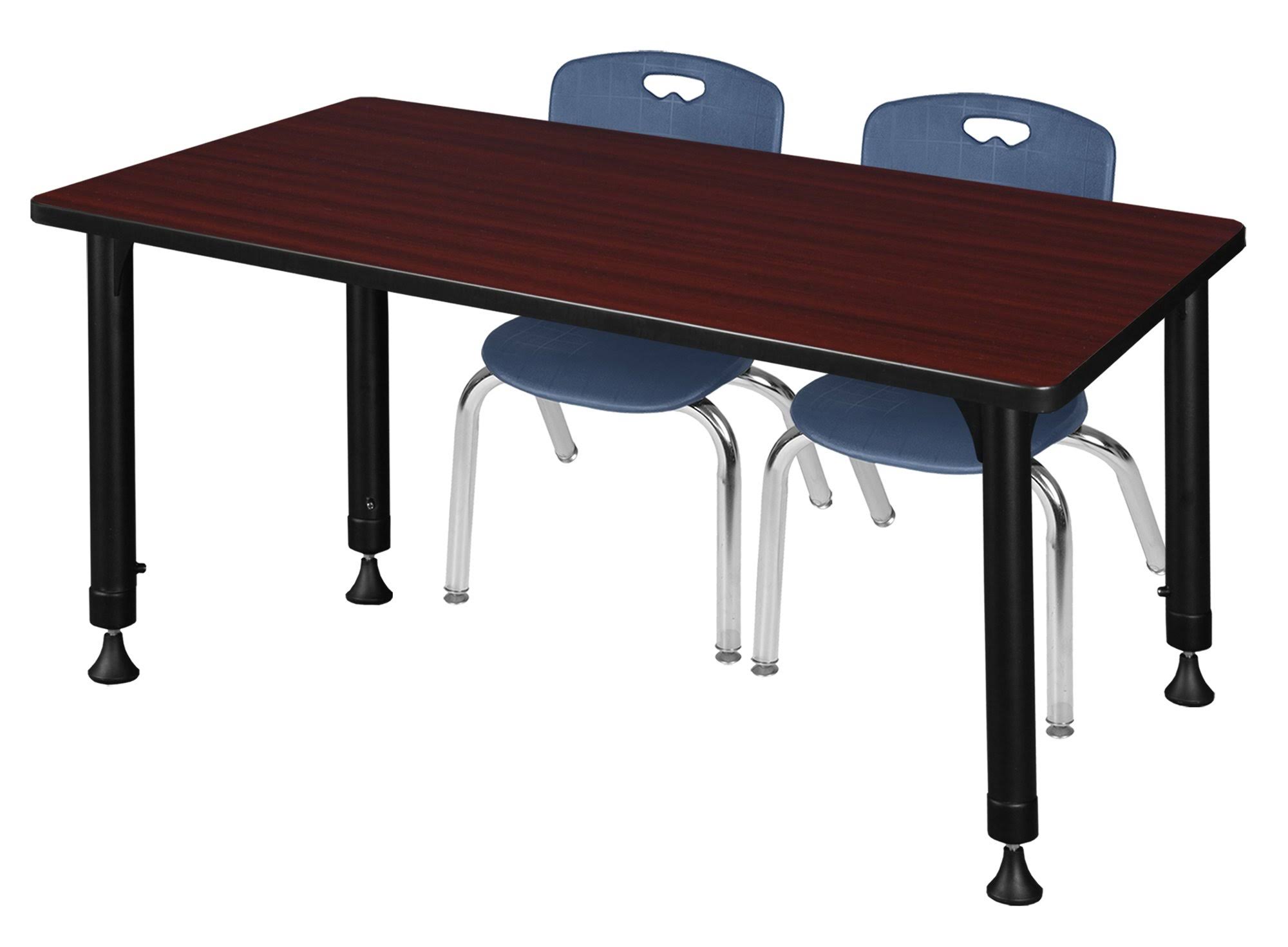 Kee 48x22 x 24x22 Height Adjustable Classroom Table - Mahogany u0026 2 Andy 12-in Stack Chairs- Navy Blue
