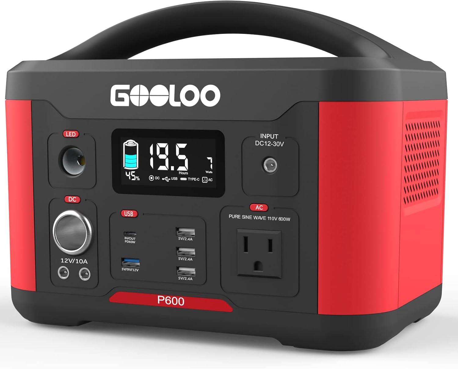 GOOLOO Portable Power Station 600W , 626Wh Solar Generator with 110V AC Outlet,Type-C 60W PD Port,QC 3.0 Port,Mobile Lithium Battery Pack for Emergency, Outdoor RV/Van Camping
