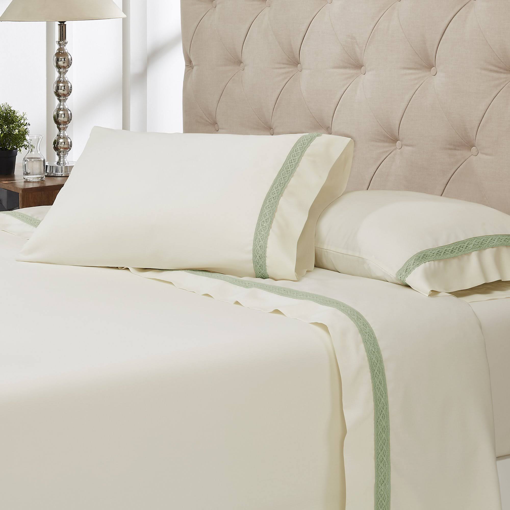 Pisa 4 Piece Daisy Lace Hem California King Sheet Set The Urban Port, Cream and Green