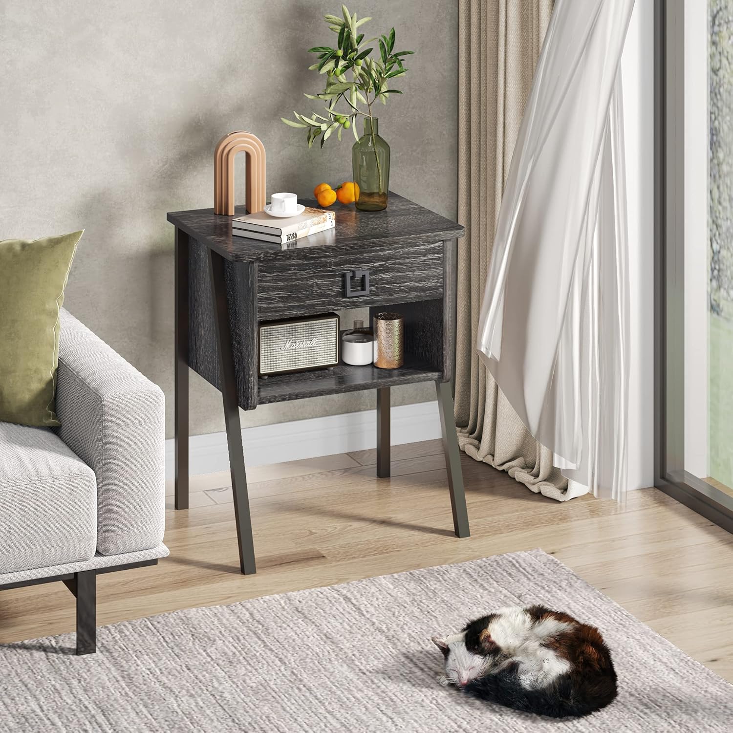 Bestier Nightstand for Bedrooms, Rounded Corner Shaped Bed Side Table with Drawers and Shelf,Industrial Rustic Metal Knob Accent End Table,Trapezoid for Living Room 14.6