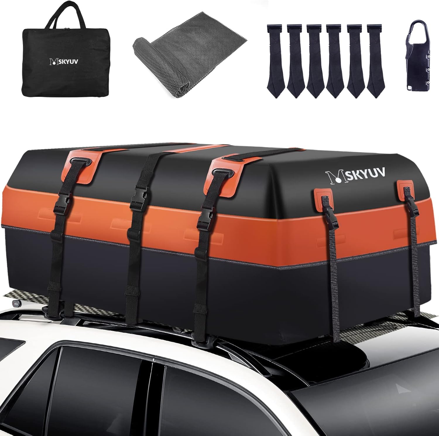 19 Cubic Car Rooftop Cargo Carrier Bag,100% Waterproof Heavy Duty 840D Car Roof Bag,Reflective Strips,Anti-Slip Mat,6 Door Hooks,Storage Bag,Roof Rack Cargo Carrier for All Vehicle with/Without Rack