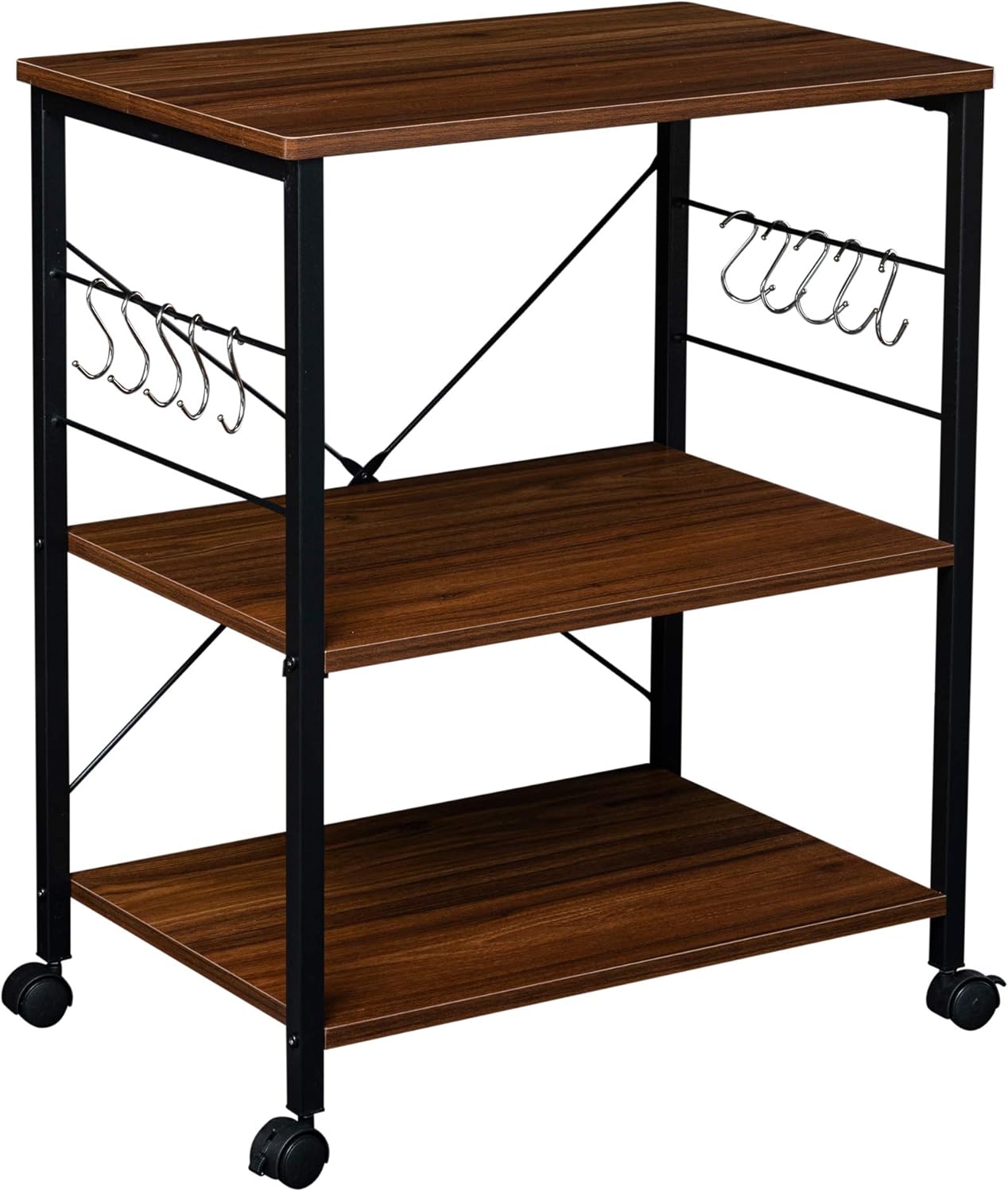 Halter 3-Tier Small Bakers Rack with Storage for Kitchen, Microwave Stand with Hooks, Rolling Utility Cart, Vintage