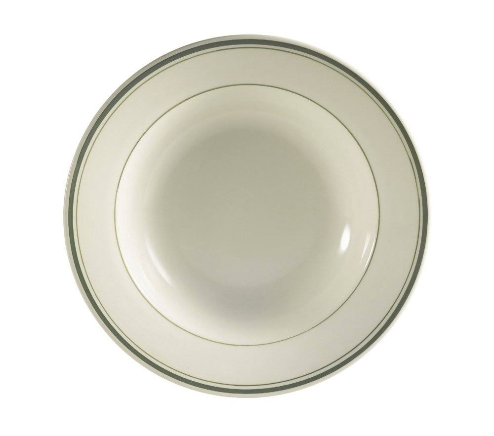 CAC China GS-3 9-Inch Greenbrier 10-Ounce Green Band Stoneware Rim Soup Plate American White Box of 24