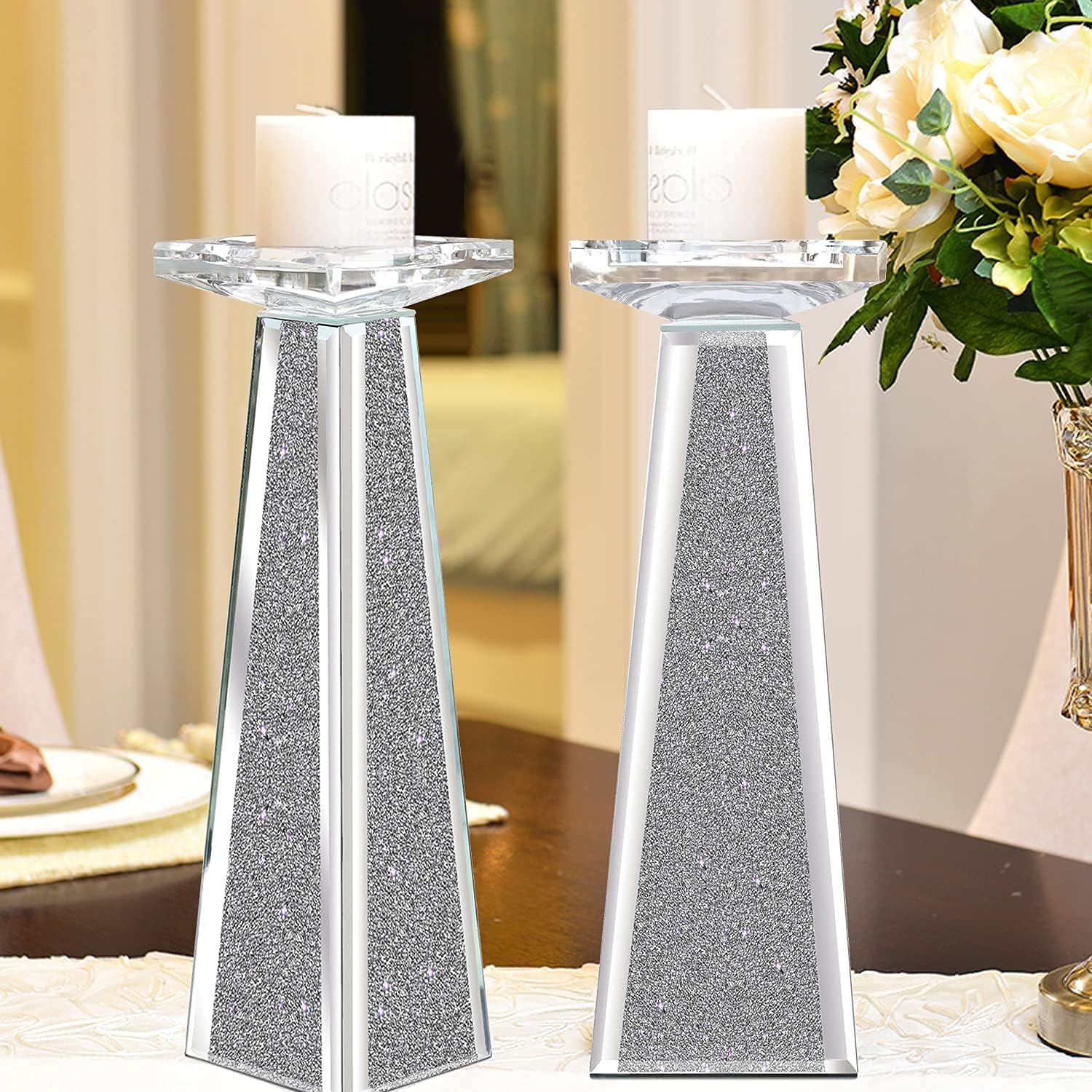 Wocred 2 Sets Silver Mirror Glass Candle Holders.Elegant Candle Candelabras.Decorative Candlestick Holder for Fireplace,Church,Wedding Reception,Table Decoration and More.(12&rdquo;)