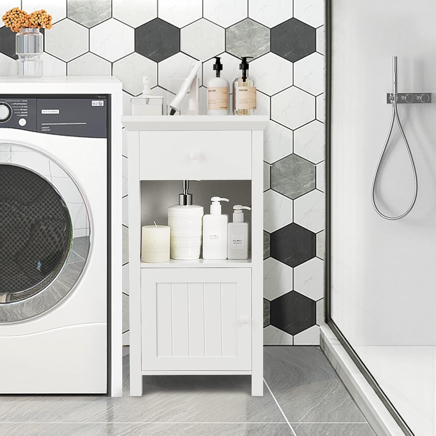 Tangkula Bathroom Floor Cabinet, Freestanding Wooden Cabinet with 1 Drawer & 1 Cabinet & 1 Open Shelf, Storage Cabinet for Bathroom Living Room Home Office, White Pack of 2