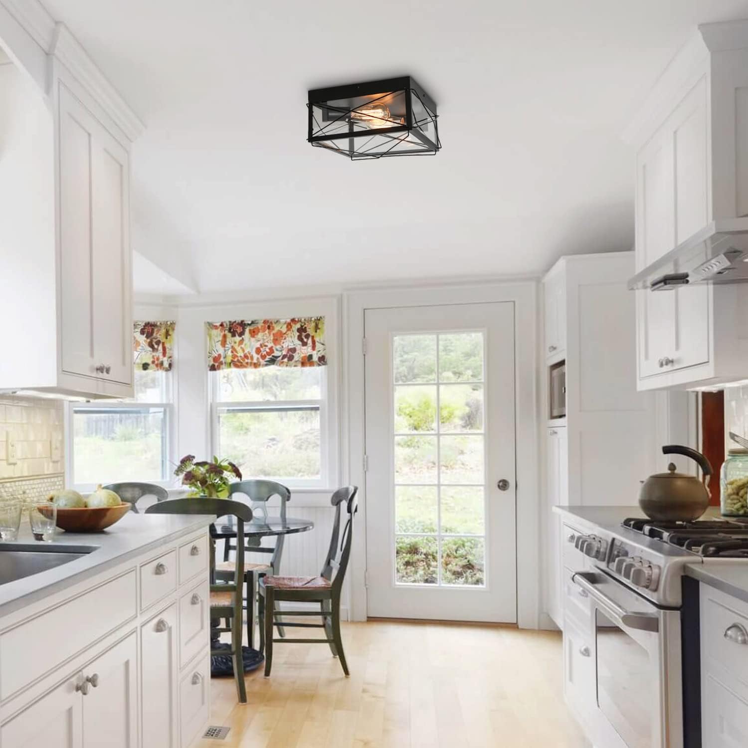 Black Flush Mount Ceiling Light Fixture Vintage Farmhouse Semi Mount Ceiling Lighting Fixture Retro Industrial Glass Ceiling Lamp Fixture for Kitchen Bedroom Hallway Laundry Entryway, 2-Lights(1 pack)