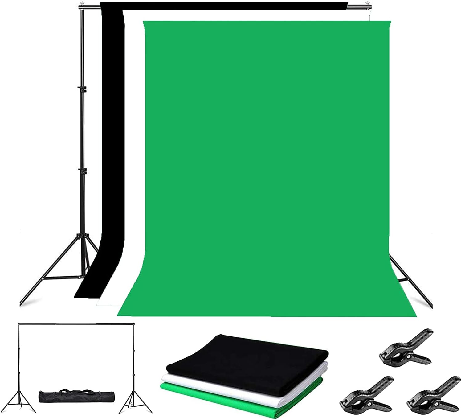 Background Holder, Background Setting, Background kit, Photo Background kit, 8.5 x 10 feet Background Holder, 100% Polyester Cloth 6x9 (White, Black and Green) Photo Background, with Bag and 4 Clips