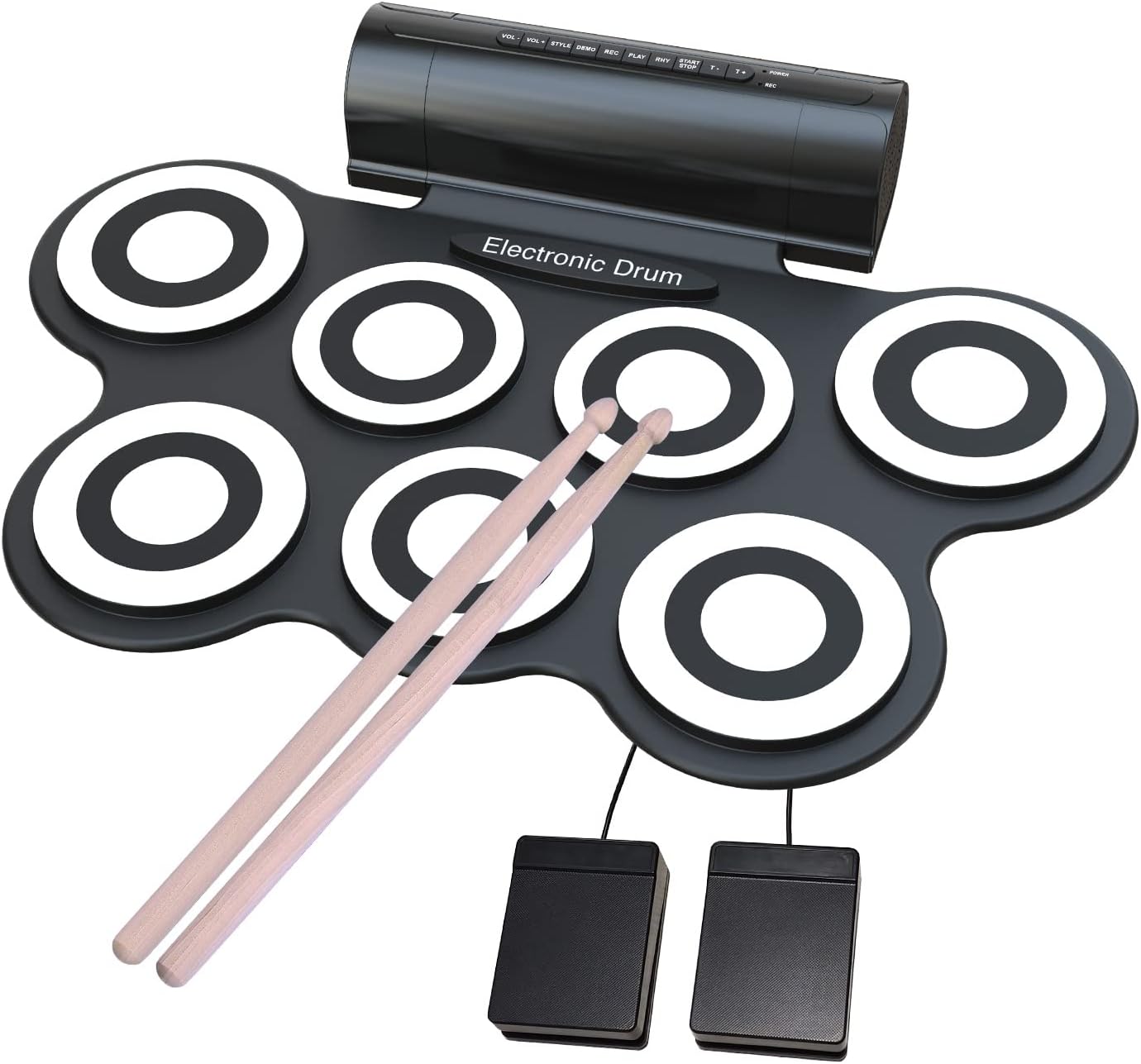 7 Pads Electronic Drum Set, Roll Up Drum Practice Pad Midi Drum Kit with Headphone Jack Built-in Speaker Drum Pedals Drum Sticks 10 Hours Playtime（White) Pack of 2