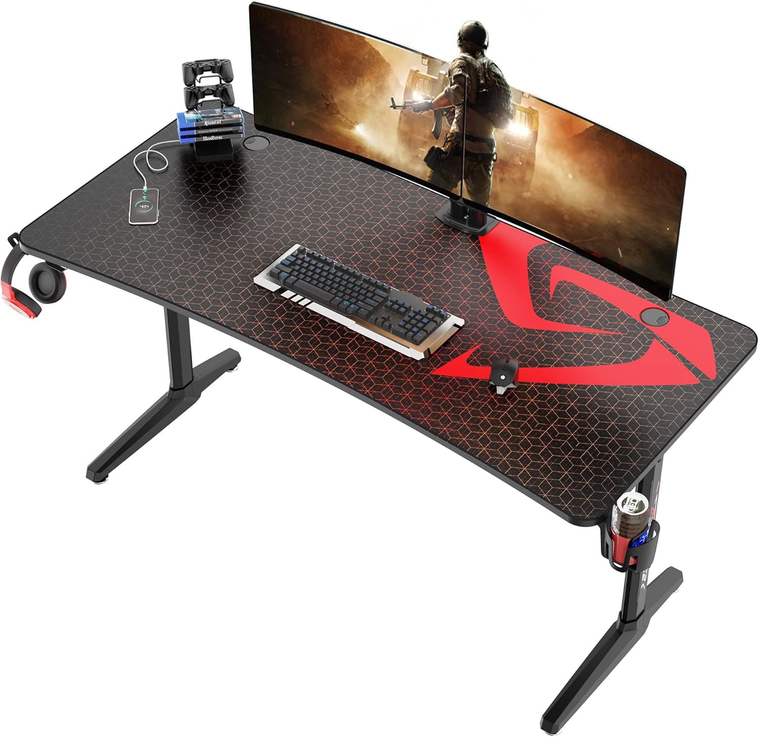 It's_Organized 60 inch Gaming Desk Racing Style Computer Desk with Free Mouse pad, T-Shaped Professional Gamer Game Station with USB Gaming Handle Rack, Cup Holder & Headphone Hook (Black)