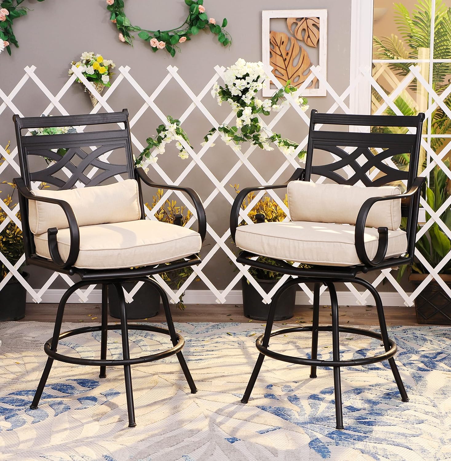 MFSTUDIO 2 PCS Patio Barstools, 360&deg; Swivel Metal Bar Height Bar Chair with Seat & Back Support Cushion, All-Weather Resistant, Black