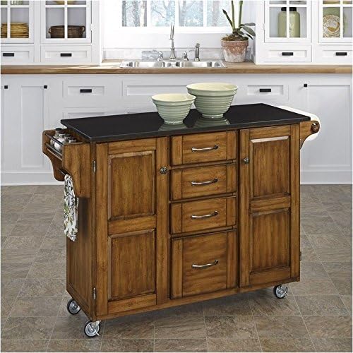 BOWERY HILL Black Granite Kitchen Cart in Cottage Oak Wood