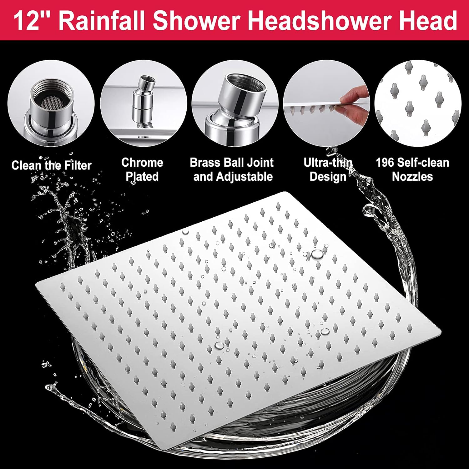 Shower Head, NERDON 12'' High Pressure Rainfall Shower Head Handheld Combo 5 Settings with 15'' Brass Height/Angle Adjustable Extension Arm 60