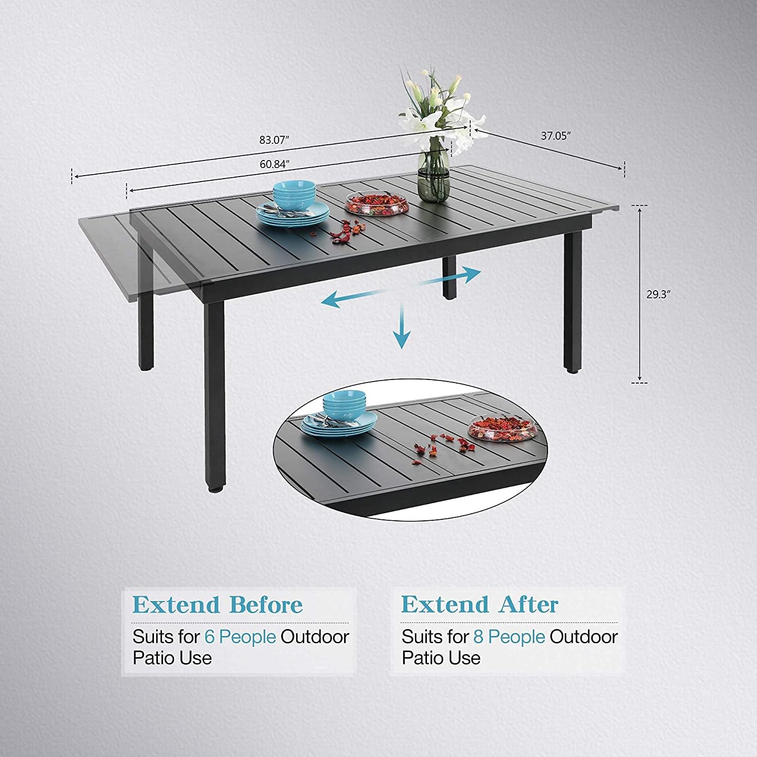 PHI VILLA 9 Pieces Outdoor Patio Dining Set Expandable Rectangular Metal Dining Table and Rattan Cushioned Chairs Set for 8 Outdoor Furniture Set for Backyard, Deck, Balcony
