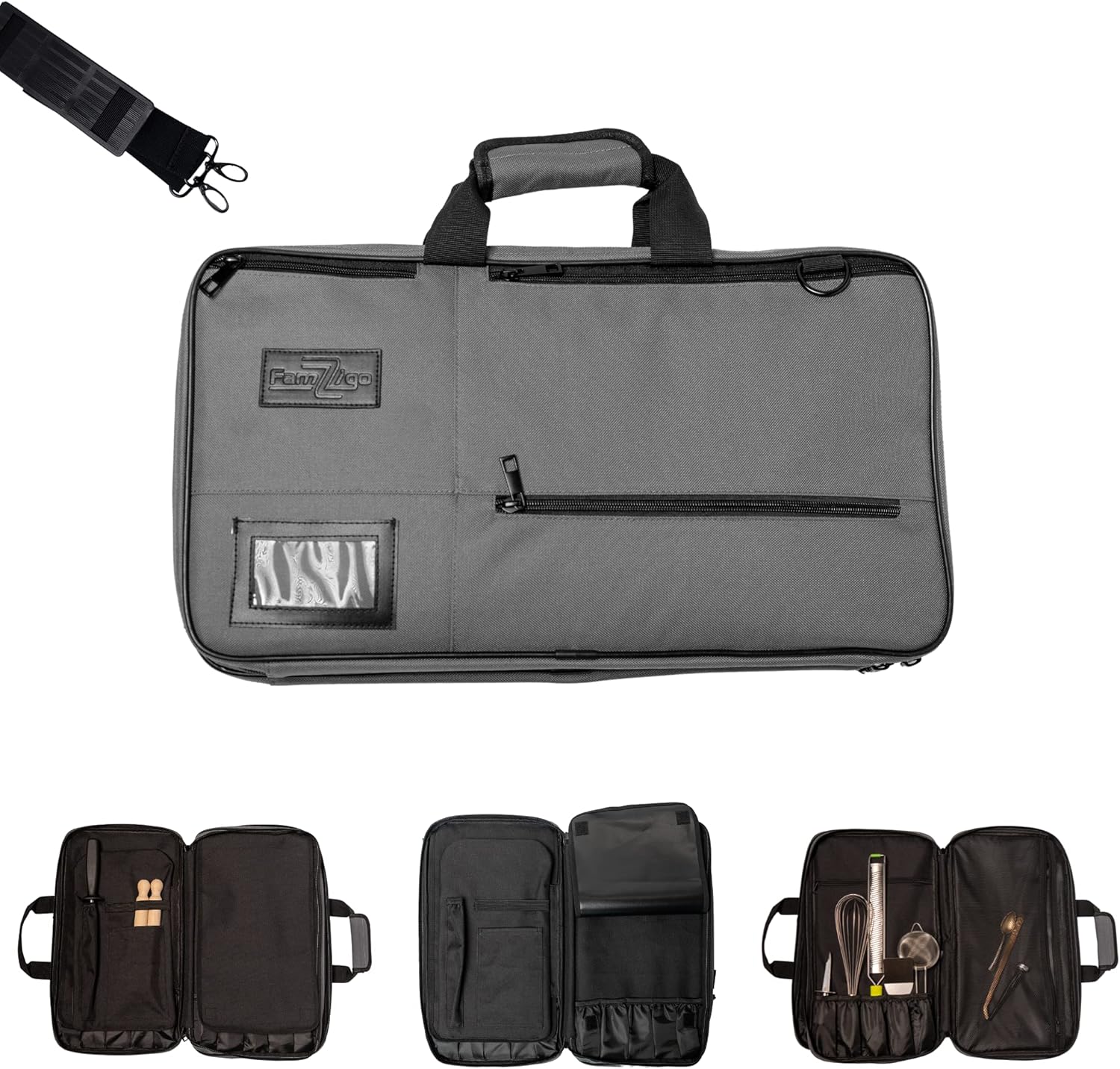 famzigo Silver Chef Knife Bag - 29 Flexible Universal Pockets, Detachable Adjustable Shoulder Strap - Professional Kitchen Accessories - Camping Storage, Carrying Case