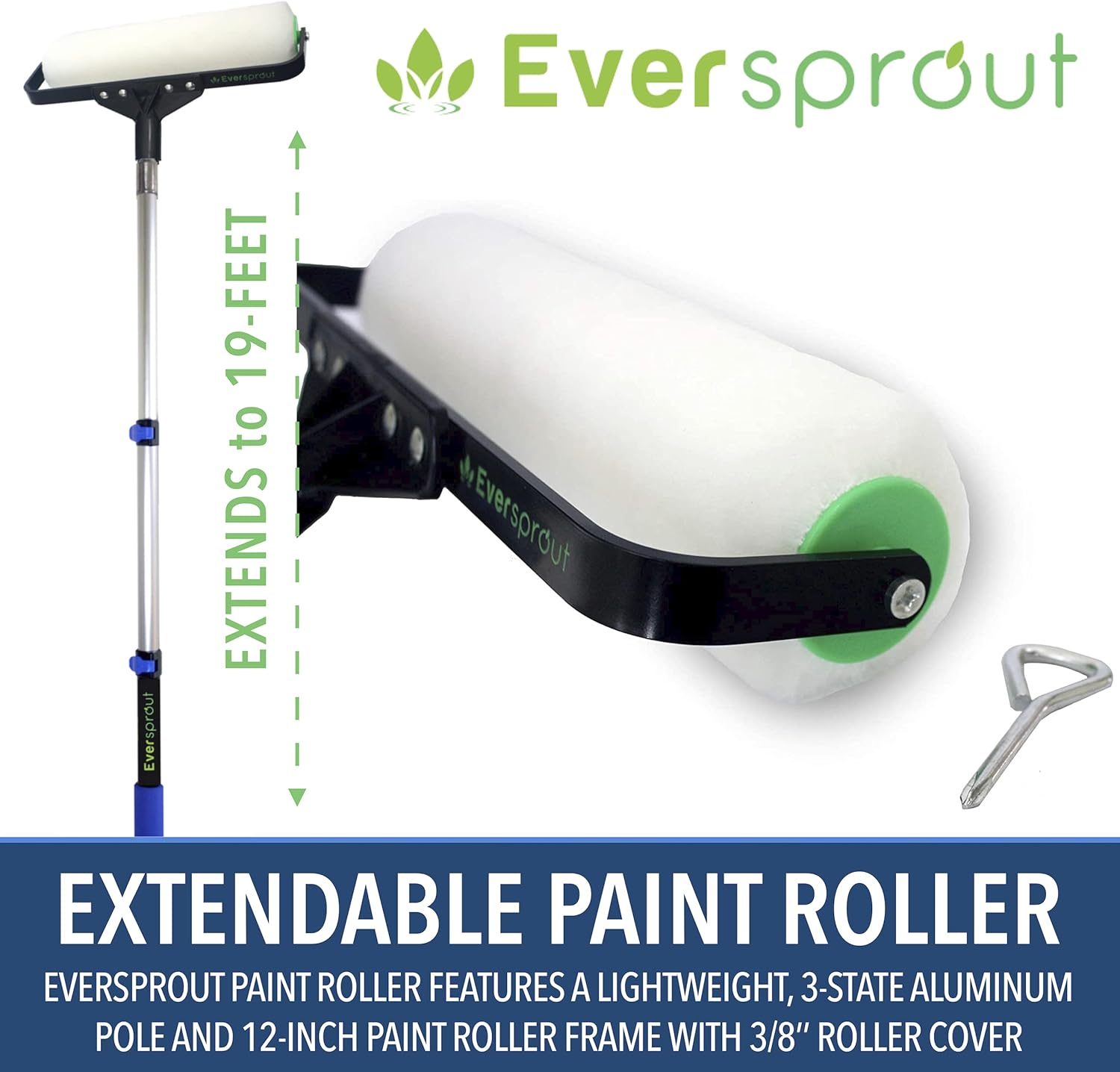 EVERSPROUT 7-to-19 Foot Paint Roller Kit (25 Ft. Reach) | Extra Wide 12-inch Roller Frame, Extension Pole, 1x Poly-Wool Roller Cover for Indoor/Outdoor | Works w/All Paint Types