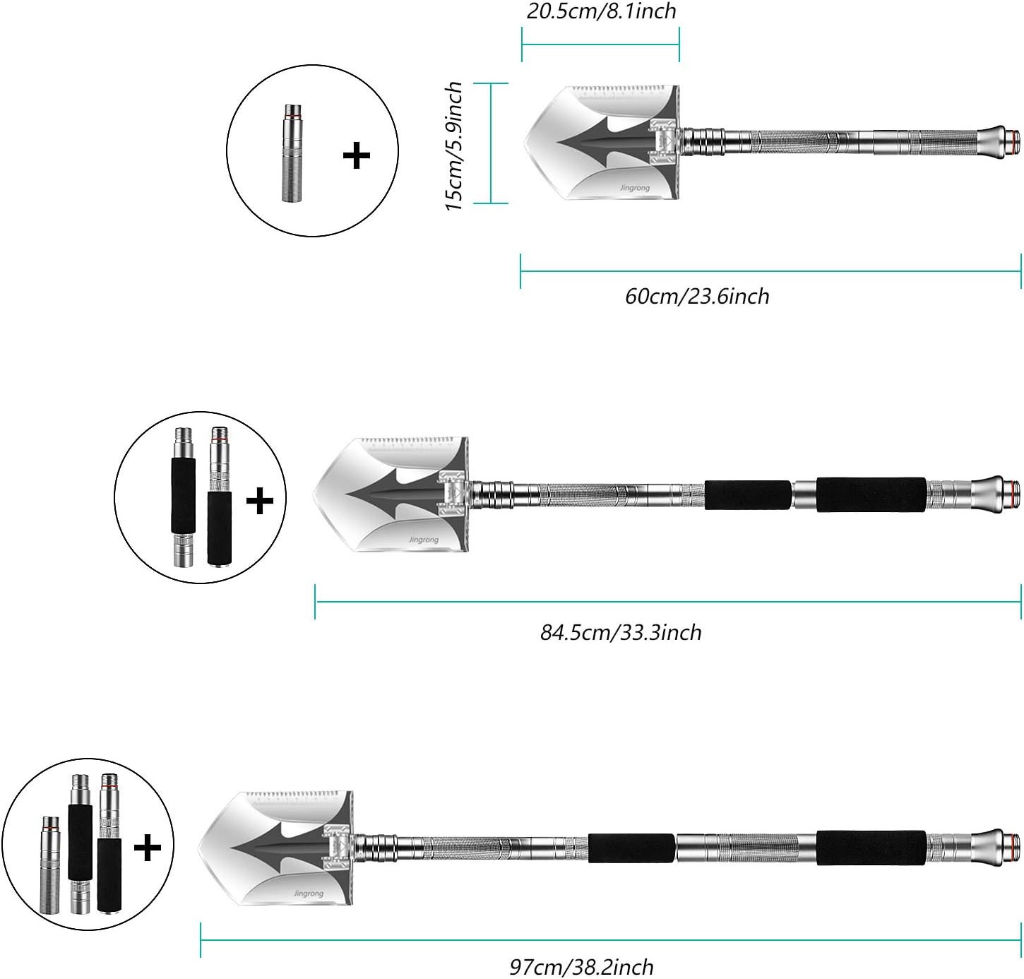 Jingrong Military Portable Shovel , 24-38 Inch Multi-Function Folding Shovel Survival Entrenching Tool with Saw, Camping, Backpacking, Gardening, and Snow-Removing