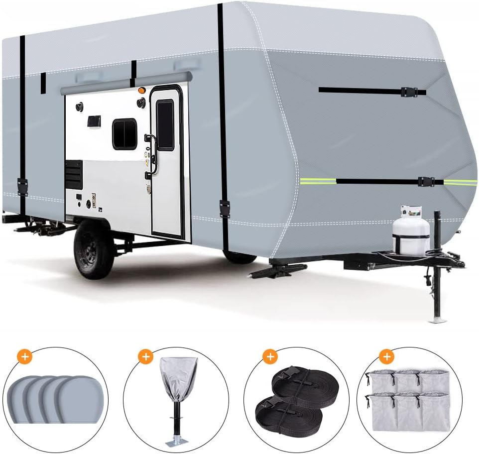 TeukRiGa Travel Trailer RV Cover, 600D Upgraded Layer Top Waterproof Oxford Travel Trailer Camper Cover for 28'7''-31'6'' with Tire Cover, Tongue Jack Cover