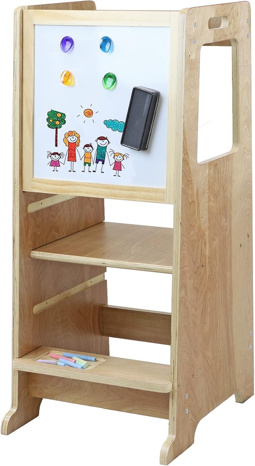 Clevr Height Adjustable Kids Kitchen Step Stool with Black and White Magnetic Activity Board Learning Stool for Toddler Chef Helper Standing Tower (White)