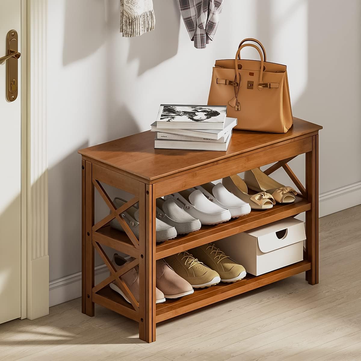 Shoe Rack Bench Entryway Shoe Bench Brown Bamboo 3 Tier Shoe Storage Benches Shoe Organizer for Entryway Hallway Living Room (23.6