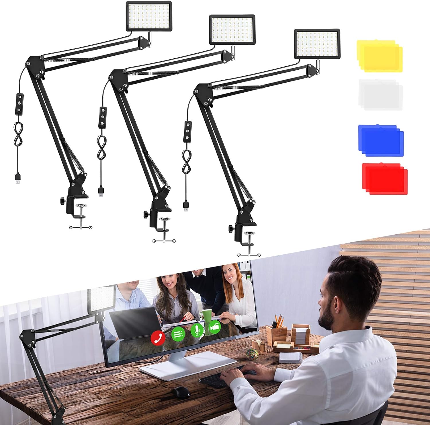 3 Packs 70 LED Video Conference Lighting with C Clamp Arm Stand/Color Filters, Obeamiu 5600K USB Studio Light Kit for Photography, Portrait YouTube, Zoom Call, Live Streaming