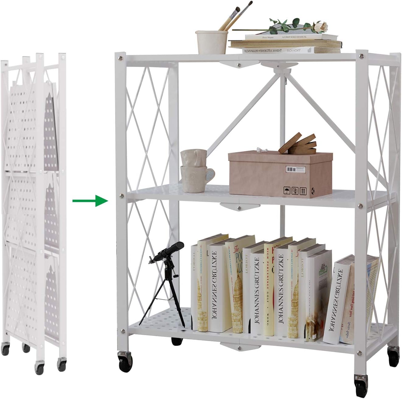 soges 3-Tier Foldable Storage Shelves Free Standing Shelf Units Display Rack Book Shelf Multifunction Utility Cart for Kitchen & Office Black,CXYM-R3-B