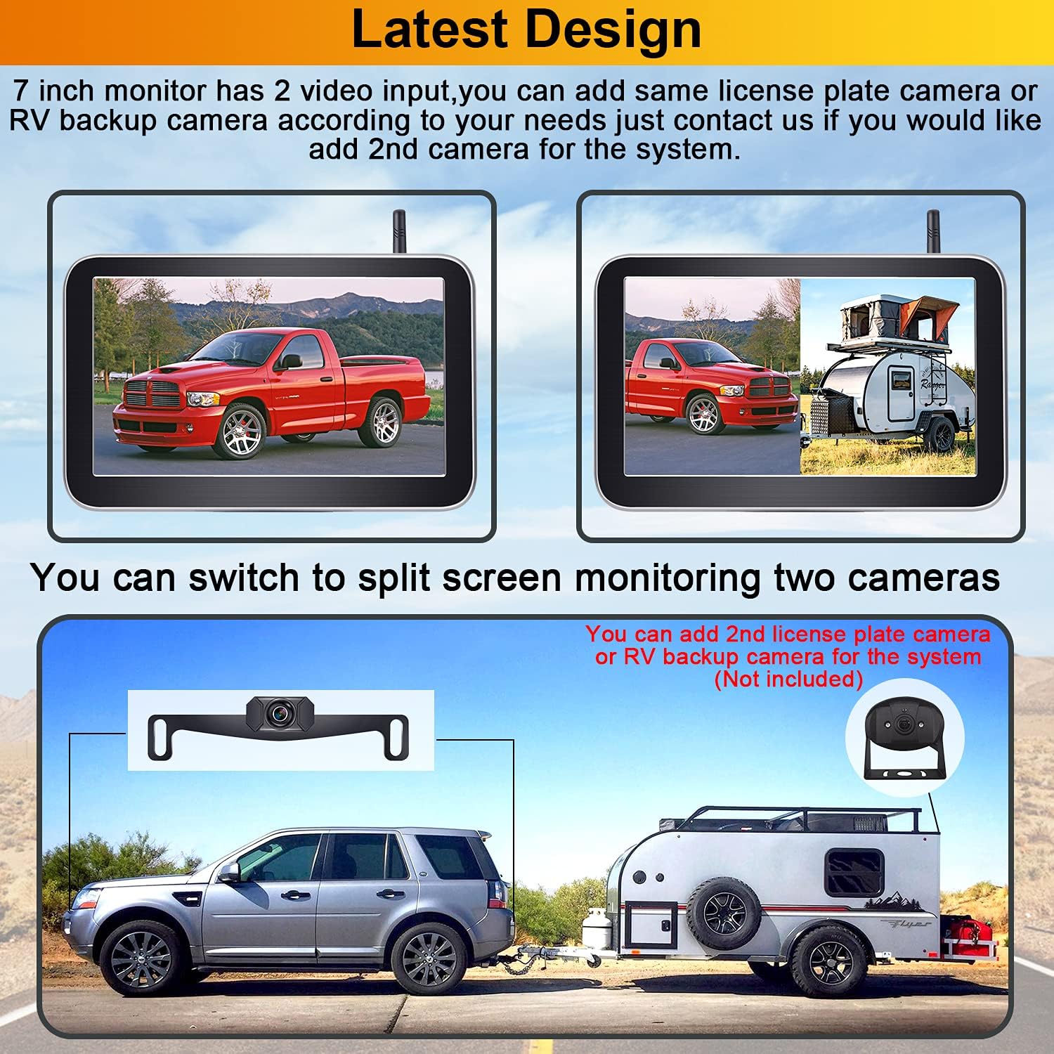 Wireless Backup Camera for Truck HD 1080P Car Bluetooth Backup Camera 7 Inch Monitor Rear View Camera Kit with Digital Signal,Support Add 2nd RV Camera/Licence Plate Backup Camera - AMTIFO AM-W70