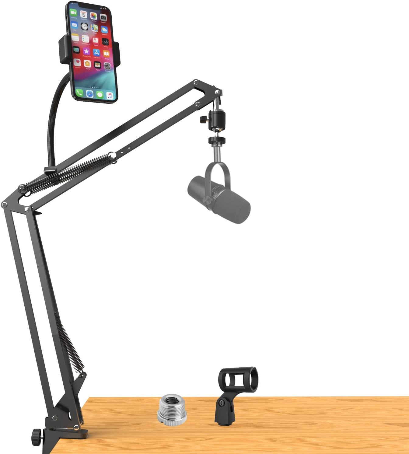 LenTok Desk Mic Stand with Gooseneck Extension Arm, Heavy Duty Microphone Boom Arm with Phone Holder Compatible with Blue Yeti Snowball Rode Hyperx Quadcast Mic Pack of 2