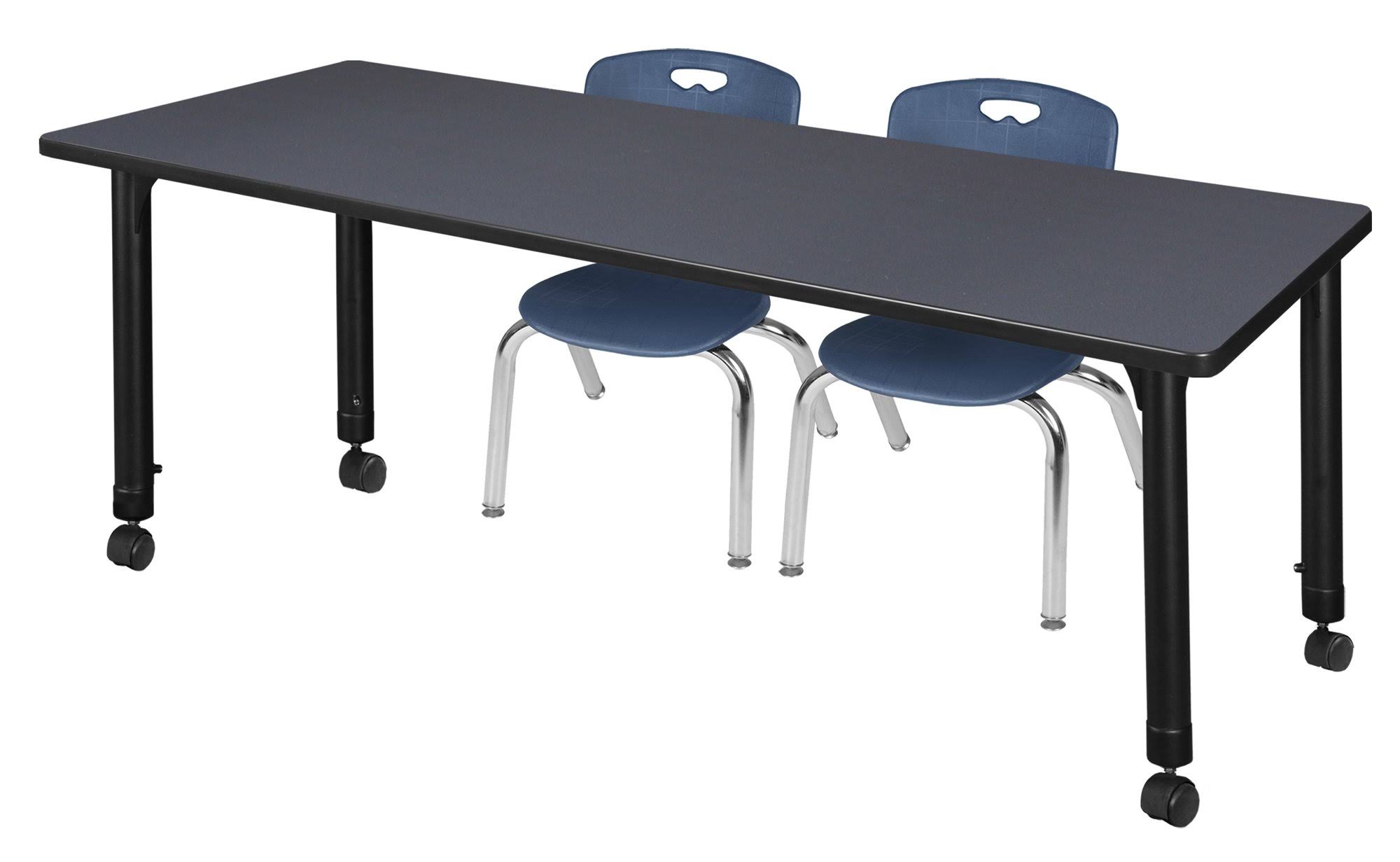 Regency Kee 60x22 x 24x22 Height Adjustable Mobile Classroom Table - Grey u0026 2 Andy 12-in Stack Chairs- Navy Blue