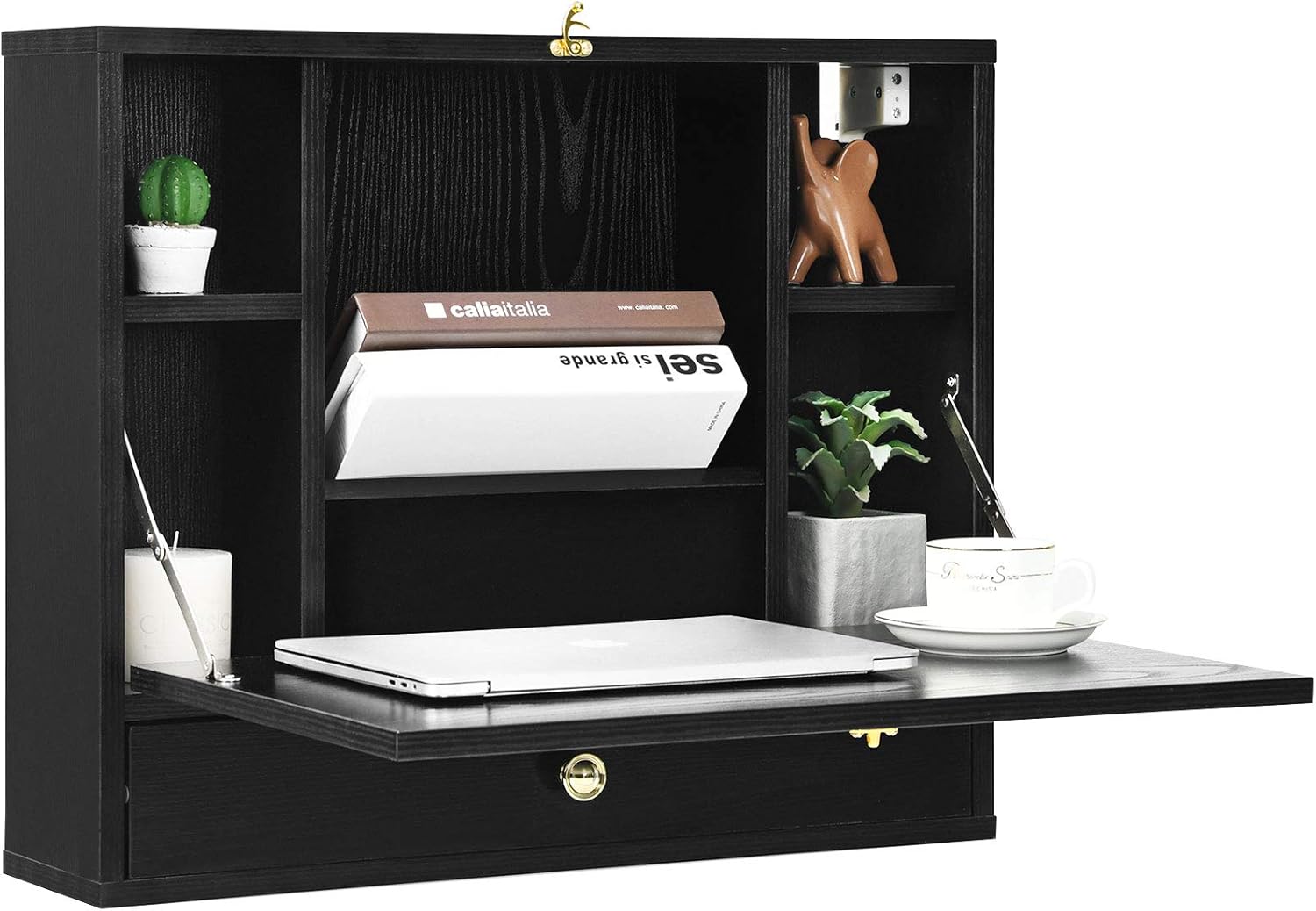 Tangkula Wall Mounted Desk, Multi-Function Floating Desk Wall Mount Laptop Desk, Space Saving Wall Mounted Table Wall Desk with Storage Drawer and Shelves (White)