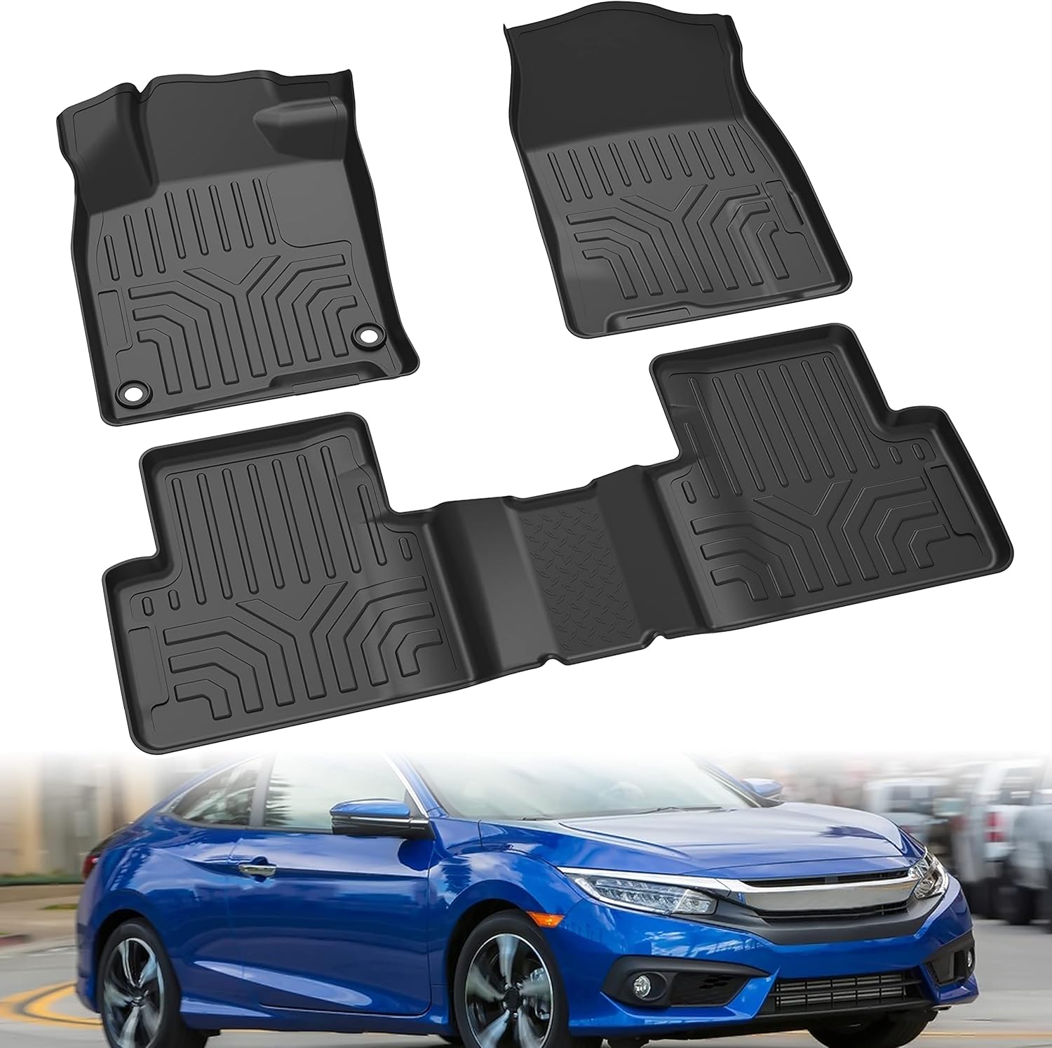 TPE Floor Mats for Honda Civic, KEWISAUTO Black 2 Row Floor Liner Set All Weather Protection Slush Mats for Honda Civic Sedan Hatchback Type R 2016-2021 Accessories