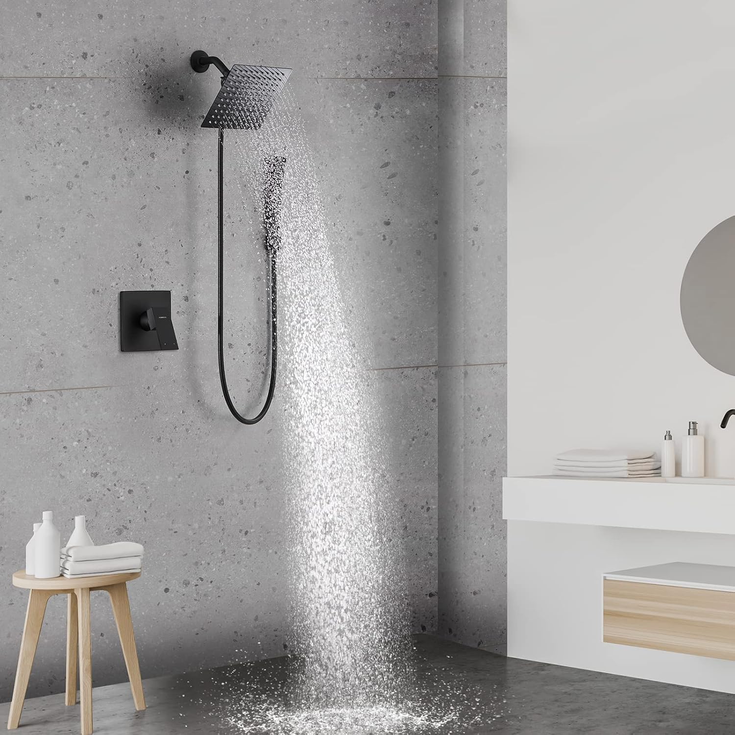 Shower System, Rain Shower Head with Handheld Shower,Shower Hose Combo Set Includes Wall Mount Suction Bracket, 3-Way Water Diverter Mount,Matte Black