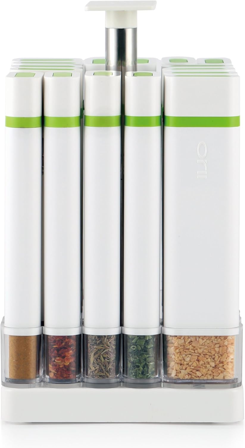 Orii 16 Spice Pod Carousel Organizer Rack Set - Filled with Spices | BPA Free Spice Bottles Container Refill, Kitchen Storage Spice Herbs & Powder, White/Vibrant Green Pack of 2