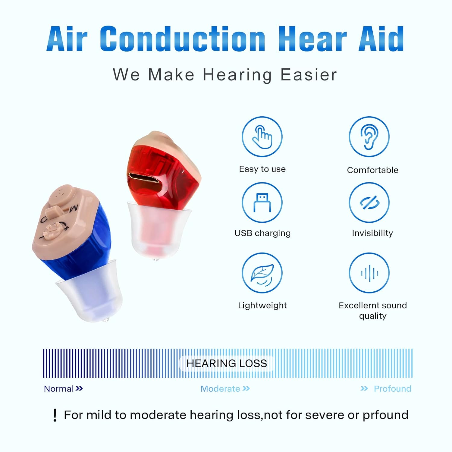 New Hearing Aids, Rechargeable Hearing Amplifier to Aid Adults Seniors Hearing, Invisible Hearing Aid for Noise Cancelling, Comfortable to Wear, 2 Pack（Red and Blue）