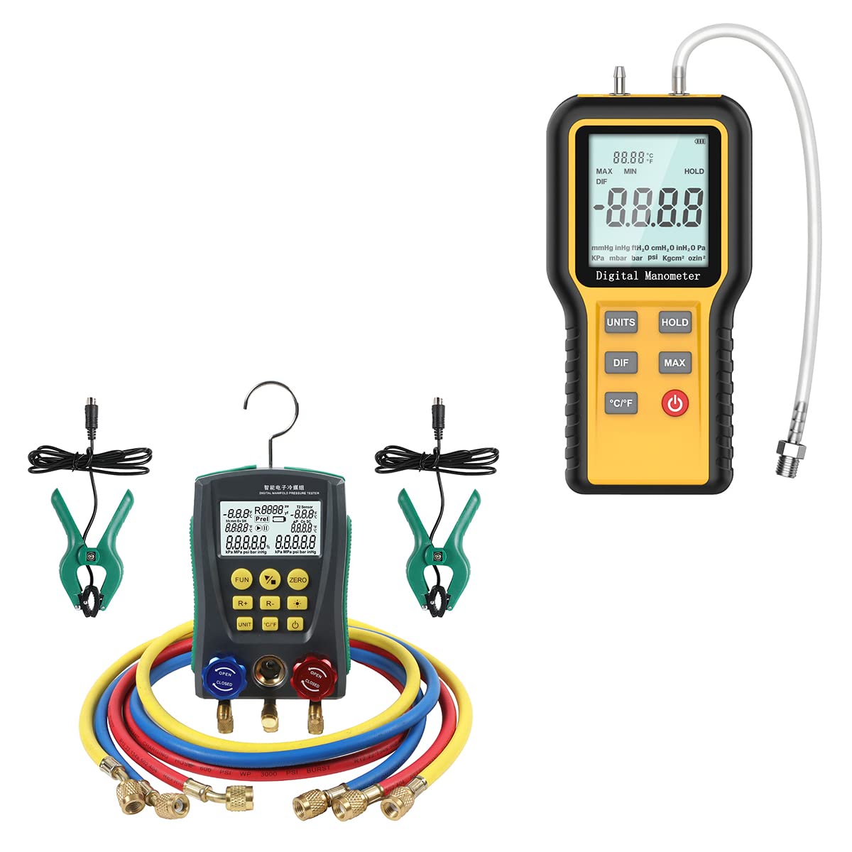 Dual-Port Manometer Gas Pressure Tester 12 Selectable Units Professional Air Pressure Meter, Digital Manifold Gauge Set HVAC Refrigeration Gauge with Hoses