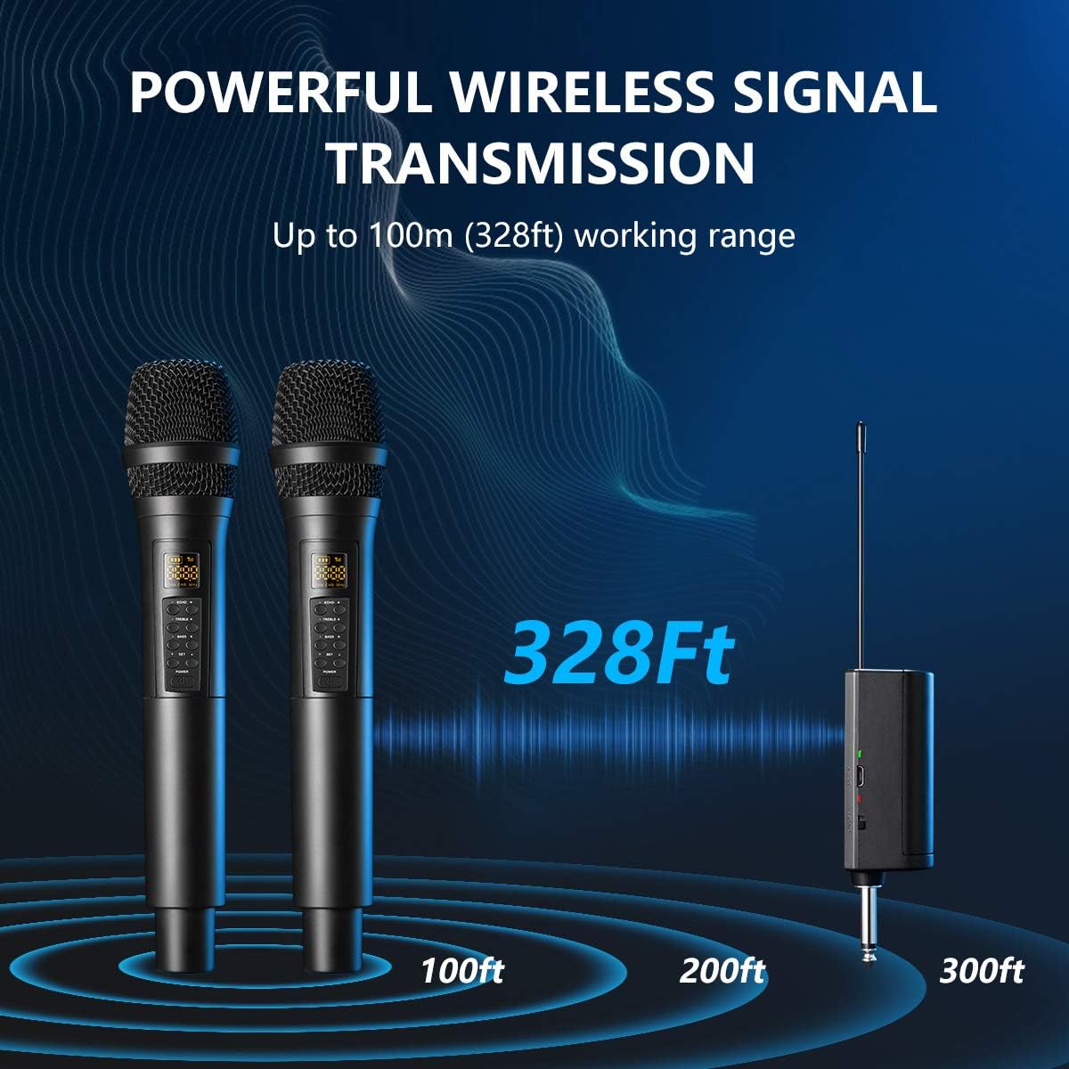 Frunsi Wireless Microphone, Dual Professional UHF Cordless Dynamic Mic Handheld Microphone System with Echo/Treble/Bass, Receiver 30 Adjustable Channels, 328ft Long Range for Amplifier, DJ, Party etc. Pack of 2