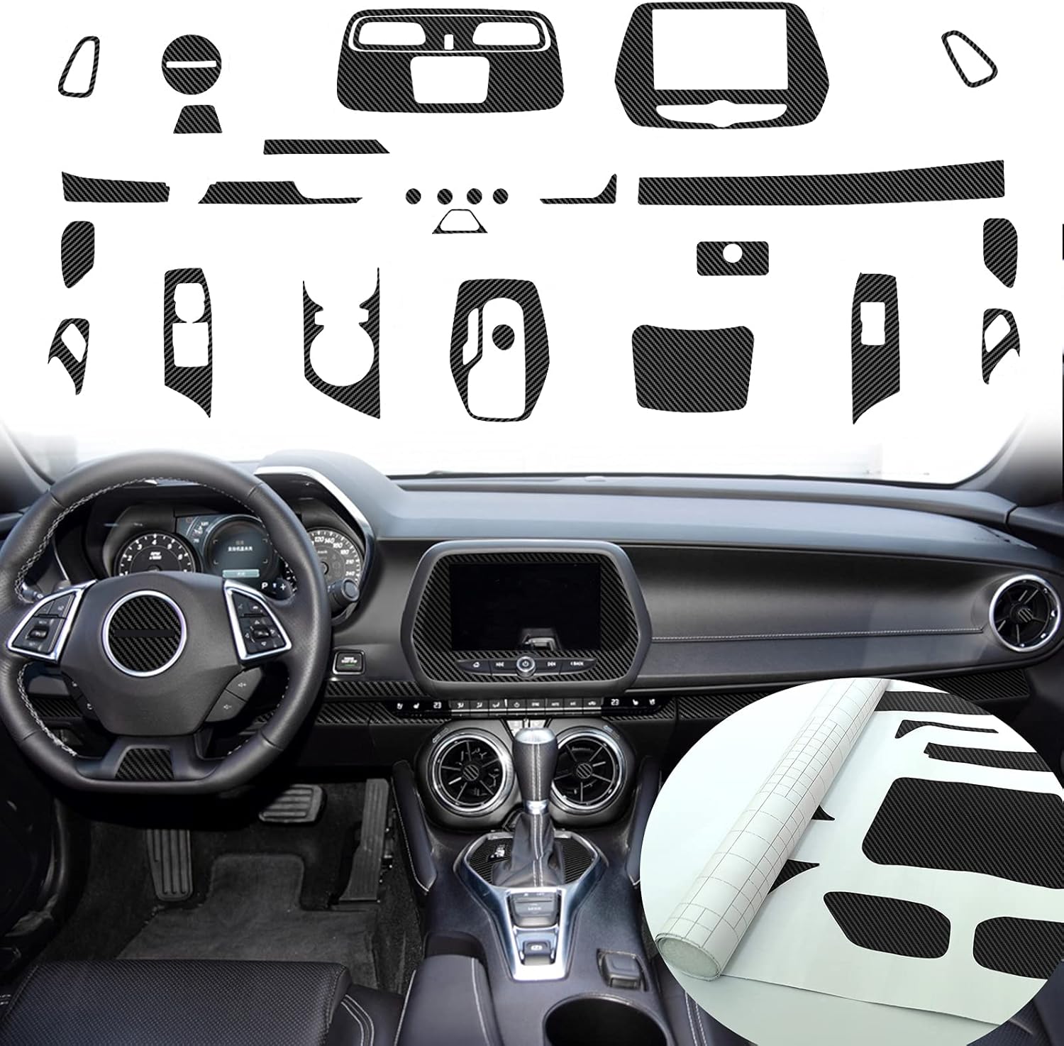 MICOOS Compatible with Carbon Fiber Texture Vinyl Wrap Center Console Dashboard Cover Interior Protective Decoration Accessories Sticker for Chevrolet Camaro 2020 2019 2018 2017 28PCS Black