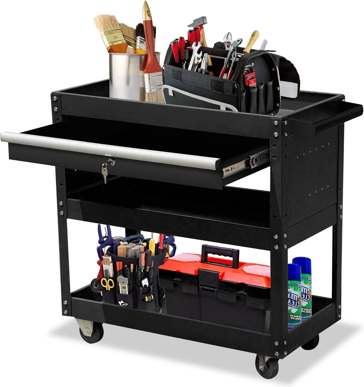 Go Beyond 3-Tier Tool Cart on Wheels for Mechanics, Big Rollining Tool Cart with Drawer and Lock, Industrial Metal Service Tool Cart with Brake Wheel for Garage Warehouse (Black)