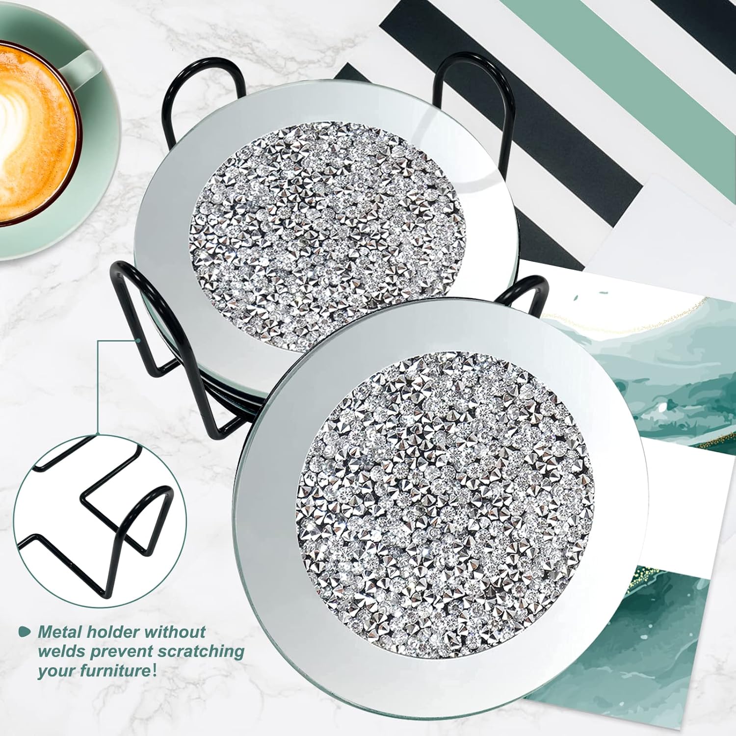 4 Packs Glass Coasters for Drink with Holder, DILIBRA Glitter Bling Bling Crushed Diamond Cup Mat, Crystal Drink Coasters for Protect Wooden Table or Furniture from Scratched - 4 x 4 Inches